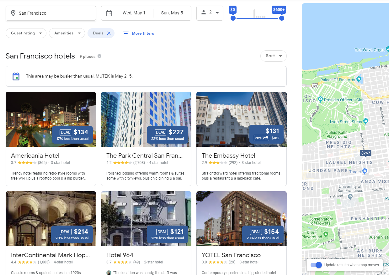 image of deals filter for Google hotel ads