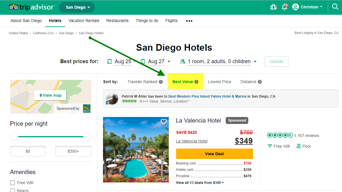 TripAdvisor's best value sorting