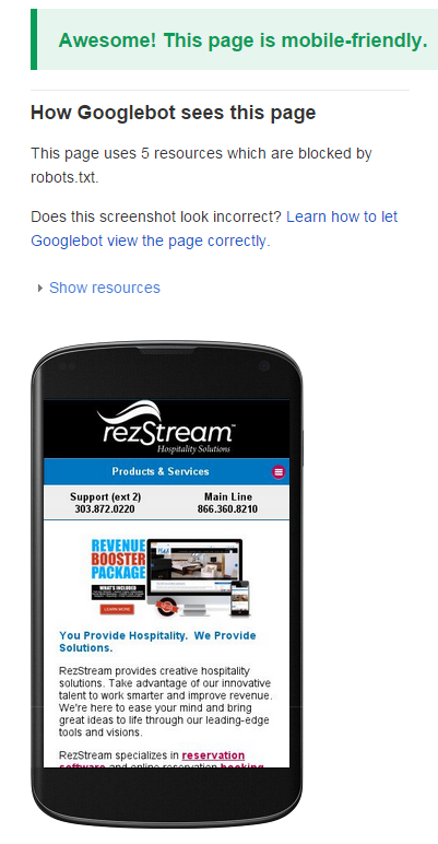 Google mobile-friendly test pass screen
