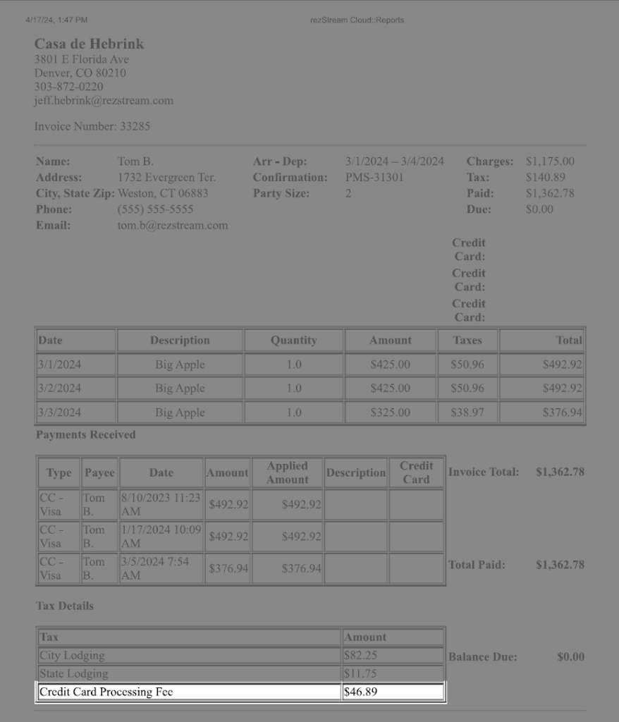 Sample Invoice Sample Hotel Invoice with Credit Card Surcharge line highlighted.