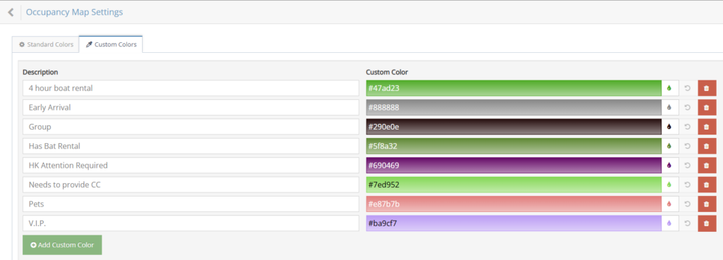 Screenshot of the rezStream tape chart customization settings showing custom color coding for various types of reservations.