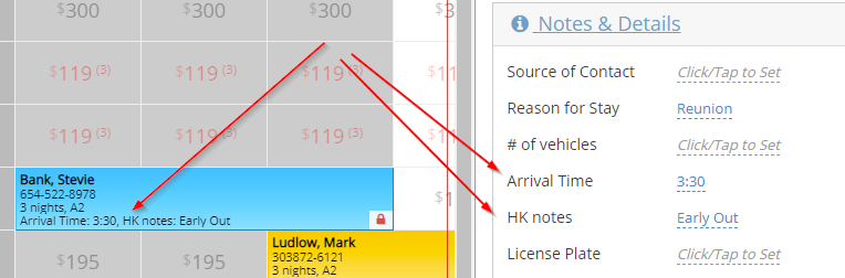 Screenshot of example custom fields in a hotel tape chart showing 