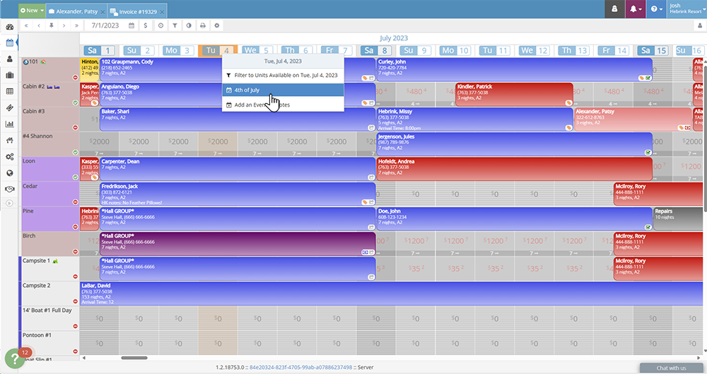 Screenshot of the rezStream tape chart highlighting bookings on the 4th of July