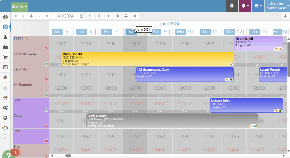 Animated .gif of the rezStream tape chart showing the units being filtered by "Campsites"