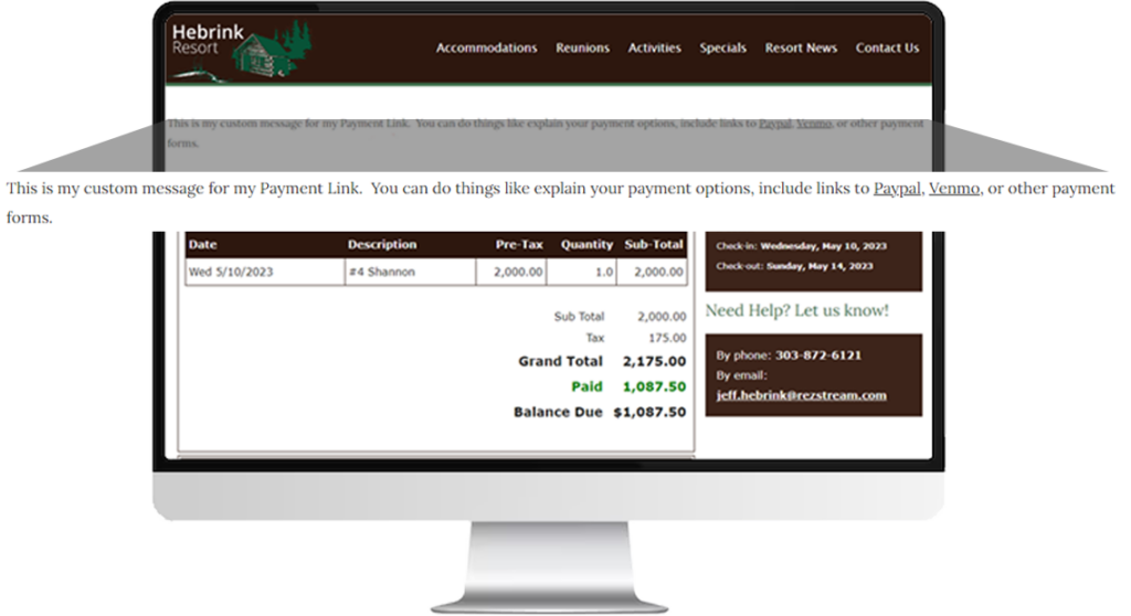 Example of a link to make payments with custom messaging for a resort website.