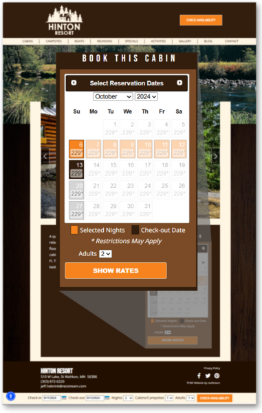 Individual unit calendar view on a resort website showcasing real-time unit availability for guests.