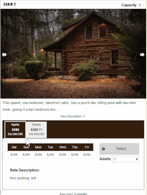 Flexible rate setup in rezStream Cloud showing weekly and nightly pricing options for resorts.