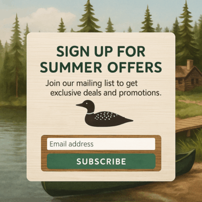 Rustic email signup pop-up offering summer deals, set against a Minnesota lakeside resort backdrop with a cabin, canoe, and forest wildlife.