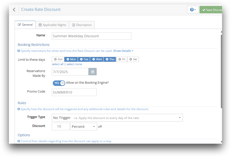 Screenshot of a rate discount setup showing a weekday-only summer promotion with the code SUMMER10 for 10% off bookings made by July 7, 2025.