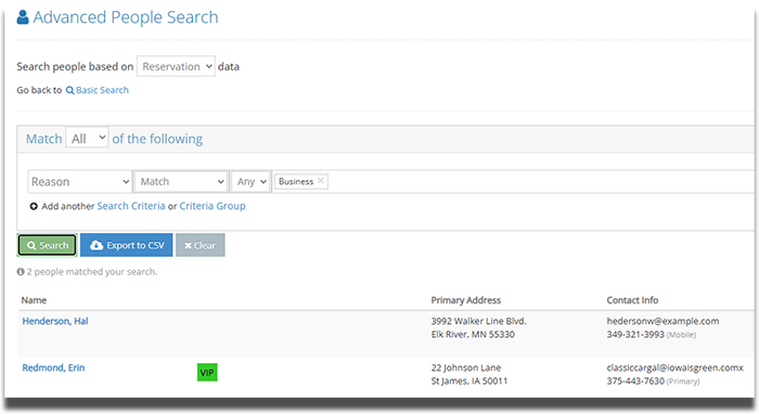 Screenshot of an advanced guest search filtered by business travel reason, showing guest names, contact info, and addresses.