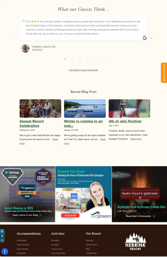 Websites-ReviewsAndSocialFeeds Screenshot of a hospitality website featuring a guest testimonial carousel, recent blog post previews, and partner marketing banners.