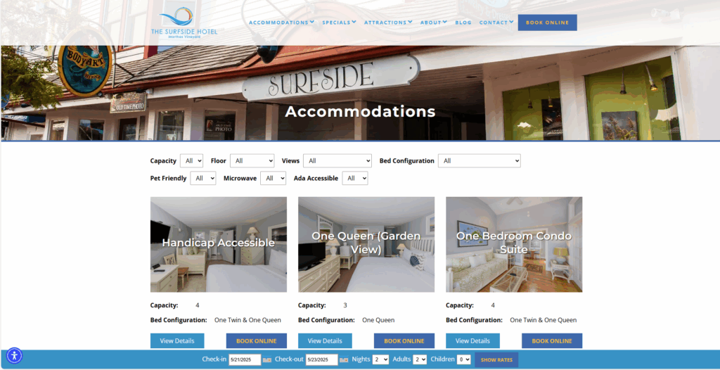 Websites-UnitFilters Screenshot of The Surfside Hotel accommodations page displaying filter options for room type, view, bed configuration, and accessibility features.