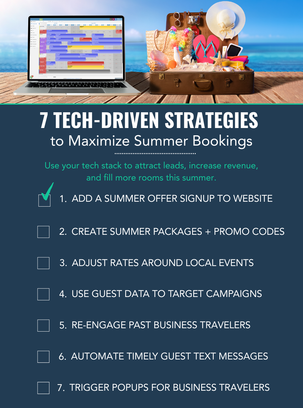 Checklist of 7 tech-driven booking strategies for lodging businesses to increase summer reservations and revenue.