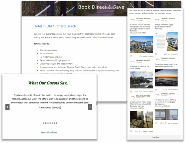 Example of three lodging websites showcasing guest reviews, a “Book Direct & Save” section, and a social media feed.